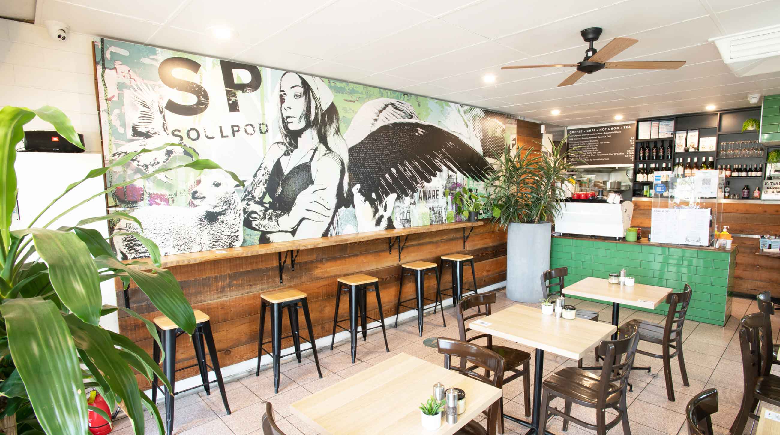 Photo of the interior and mural of Soul Pod Cafe.