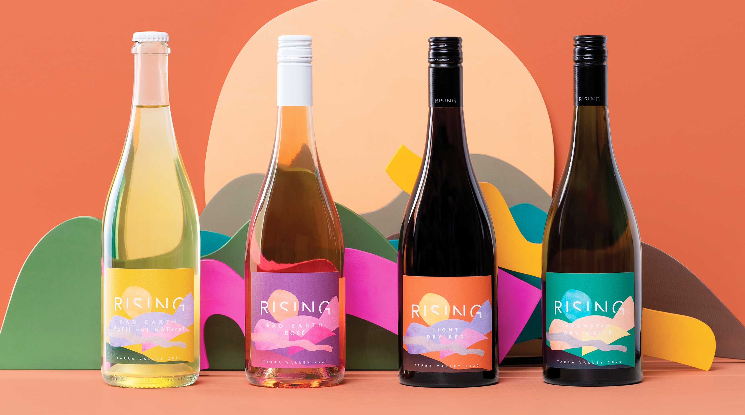 Rising Wines labels designed in the Yarra Valley by Sonsie.