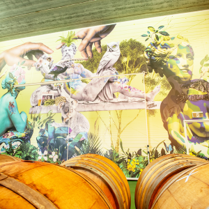 Kegs and mural wall art installation at Matilda Bay Brewery.